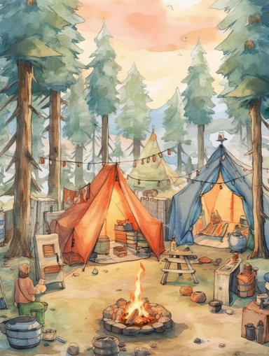 create a hand drawn watercolor clipart depicting campfires surrounded by tents, camping gear, and people enjoying the warmth of the fire, 4k,