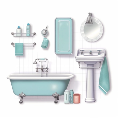 beautiful bathroom stuff, 50's style, paint art style, different poses, detail, clipart, white background, superrealistic, one of a kind