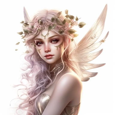 Majestic Fairy with a statuesque figure, highly detailed face, and a serene expression, Use dreamlike lighting with soft sunlight falling on the subject’s face and hair, to create an ultra-realistic image that captures the subject’s natural beauty and personality, clipart on white background