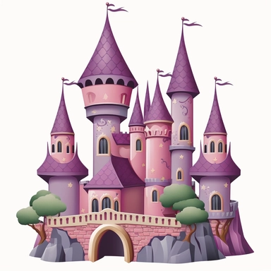 clipart sytle picture of pink and purple castle, white background