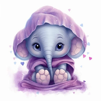 a shy baby elephant in hoody Clipart, covered in hearts, Nursery summer Clipart, Easter Clipart, Crafting Digital Paper, purple and blue backlight Mother’s Day, white background