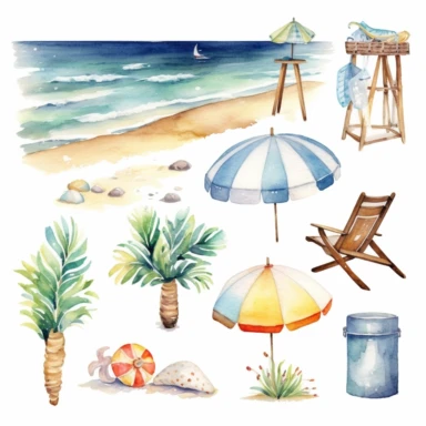 summer beach clipart, white bsckground, watercolor,