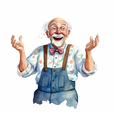 a watercolor clipart image with a white background, featuring a cute sweet extremely happy cartoon grandad
