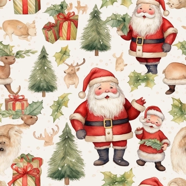 seamless, detailed watercolor, 1 christmas cute santa clipart, 5 fingers, hd, 4k, ultra quality, high quality,
