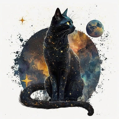 a sitting skinny pagan black cat in front of big starry sky portret, clipart, moon, watercolors, white background, stars, planets, galaxy, magical, ornaments, little golden stars, full body, pictorial space, sparky, golden glitter, oraneg eyes, use Cool Color Palette