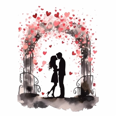 watercolor clipart with white background, black silhouette of bride and groom under an ivey covered arch with confetti in the air , cute and adorable, flat design,high quality--ar3:4--no mockups, watermarks, numbers, writing, letters--q2--v5.1--s1000