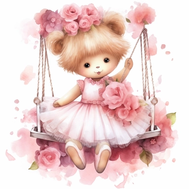 an ultra cute baby girl teddy bear wearing a tutu sitting on a swing, flower bomb, beautiful flowers, summer, Watercolor white background clipart