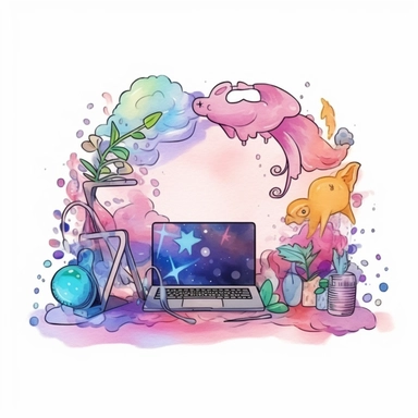 studio logo of programming colorful code getting out of a computer's screen clipart , boho style, in style of Watercolor and ink outline