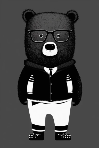 minimalistic pixar style clipart, minimalistic nordic style clipart, anthro hipster bear with mustache, minimalistic black and white color palette,