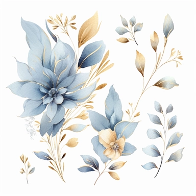 watercolor dusty blue and gold floral leaves clipart for wedding invitation card, hd, detailed, pastel color, clean line, on white background, spaced out