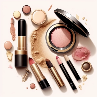Lipstick, Beige blush, round blush, blush brush, eye pencil, glitter, blush brush, eye shadows, High detailed women fashion makeup accessories clipart, pink, gold and black colors, white background, no shadow, procreate drawn style