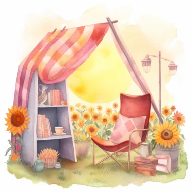 one large clipart of reading nook near a sunflower field watercolor, vibrant pinks, shades of peach and coral, and sunshine yellow, in the style of realistic and hyper-detailed renderings, dreamy watercolor scenes, photo-realistic techniques , light-filled scenes, charming character illustrations, clean white background