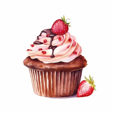 Watercolor Yummy chocolate stawberry cup cake clipart, hd, single object, white background