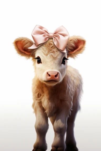 a baby cow with pink bow, clipart, white background