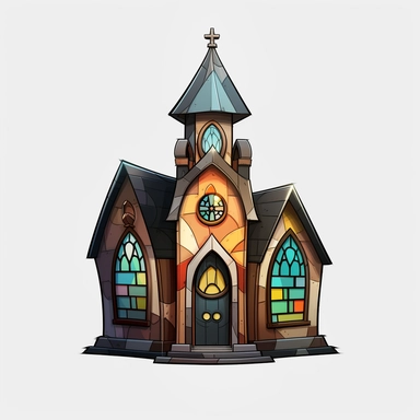 a little cartoon church, pixar, clipart, stained glass windows, cross on top, blank background, sharp lines, 8k
