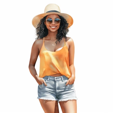 Solid white background, Detailed watercolor black woman smiling, wearing a jeans hot pants, a tank top, sunglasses and a beach hat clipart
