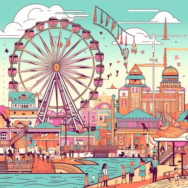 professional high quality clipart design of A retro illustration of 1960s New Jersey boardwalk scene with ferris wheel, cotton candy, and art nouveau details, professional clipart, bright pastel color palette of pink, lavender, teal blue, and light orange and pale green, inspired by sailor jerry tattoos, epic composition on white background, 8k,