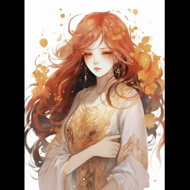 a beutiful girl with red flowing hair, delicate shades of red orange and gold, watercolor clipart, white backound, no backound, glowing,Takehisa Yumeji