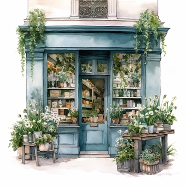 watercolor, hyper realistic, white background, white margins, 16k, ultra detailed clipart, cut out image, hand-drawn art print in french of interior of small boutique with flowers, in the style of green and azure, aquarellist, detailed environments, e. h. shepard, realistic cityscapes, rollei prego 90, outdoor art