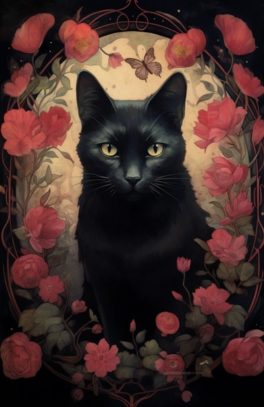 on this flat parchment paper there is a scrapbook composition with watercolor paintings of mysterious black cat surrounded by pink autumn leaves and flowers cliparts. this composition is in the style of dark academia, the black cat stands in the middle. t