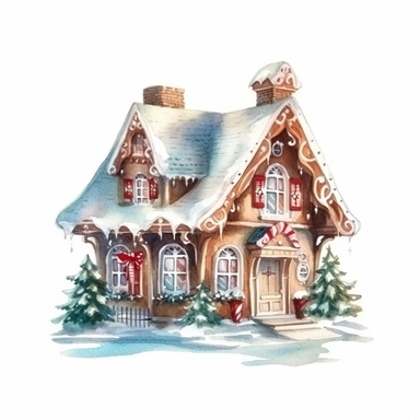 watercolor style, gingerbread christmas house clipart, isolated on white background, 4K
