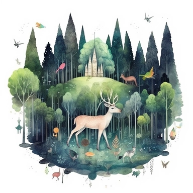 Enchanted Forest watercolor hyperdetailed ultra realistic clipart featuring a magical forest with talking animals and sparkling fairy dust , style of Anna Süßbauer and Jon Klassen,cinematic,Photography,Vector,Solid Background , masterpiece, trending on Artstation and Dribbble.--ar 3:2