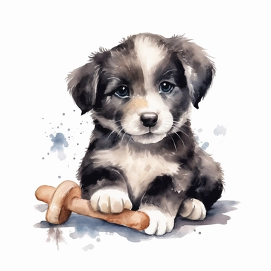 Watercolor puppy playing, with cuddly toy bone Clipart - cute puppy , Colour of black and silver, white background, vector art, high definition, clip art, ar 2:2