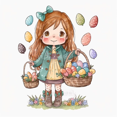 watercolor cartoon chibi young girl holding a vasket of easter eggs clipart, flat watercolor style, popular on etsy, featured on dribble, watercolor illustration clipart, watercolour clipart, watercolor illlustration for kids and children, print on demand image, PNG tranparent background no watermark, text, word, multiple hands, multiple foot, multiple leg, multiple finger, frame v 4 1