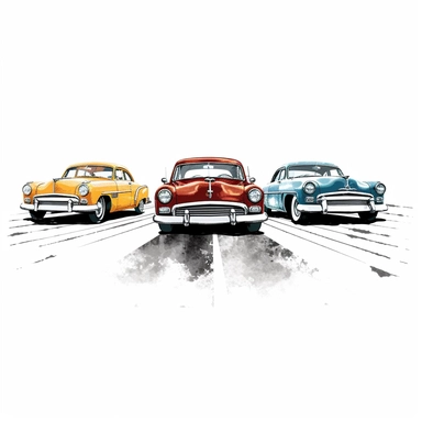 A clipart black road with three colored old cars on white background