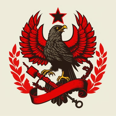 illustration of an eagle, holding hammer and sickle, red, black, communist, communist imagery, communist iconography, icon, emblem, coat of arms, laurel, star, r/vexillology, vexillology, clipart, simple, art, 2d, flat