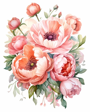 vibrant watercolor big pink peony boquet, realistic, clipart