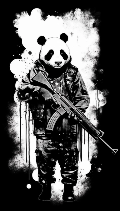 Panda dressed as a graffiti artist in combat clothes holding a gun black and white, silhouette of American flag background, minimalist clip art by Mr. Brainwash