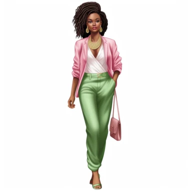 Full body of stylish beautiful African woman clipart wearing pink shirt and green suit and heels, intricate braided hair, highly detailed, isolated on white background