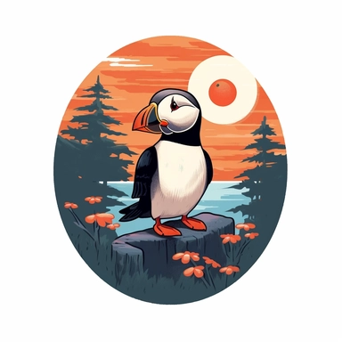 Depicting an Atlantic puffin enjoying a maple syrup-themed picnic. The design should combine the puffin's charm with Canadian culinary traditions. The artwork can feature the puffin holding a pancake and a bottle of maple syrup, with a cheerful expression on its face.r, that can be used as a sticker, colorful, highly detailed, white background, style of pixar clipart, white background,--no cut off edges