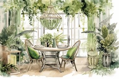 interior design scene, watercolor and ink style, boho green dining table and plants, clipart on plain white background, nature vibes, super high detail ultra precision 16k HD, clean crisp brushwork, painted by Beatrix Potter