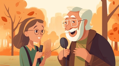brown wavy haired blue-eyed young girl interviewing an old man in a park with a microphone, sunny weather, imaginative, cute, fun, in the style of Clipart
