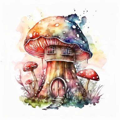 bright realistic Magical faires Mushroom House, watercolor colors clipart style, on white background, 32k, full high definition, ultra clear image, ultra fine lines, hyper-realistic detail, whole imagine with thick black outline