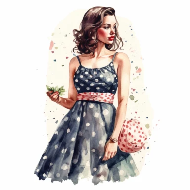 watercolor, hyper realistic, white background, white margins, 16k, ultra detailed clipart, cut out image, hand-drawn, whimsical a pretty lady wear a a vintage-inspired polka dot dress with a sweetheart neckline, reminiscent of the classic summer style.