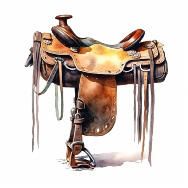 Western saddle without horse, watercolor, clipart, illustration, white background, digital painting, paper crafting, no signature, no text