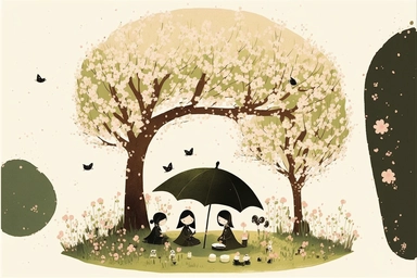 in the style of andreas rocha, Mary Blair, Gabriel Pacheco, Anastasia Suvorova, Jon Klassen, jo grundy, separated isolated single of picnic time under the sakura tree, abundant food, green grass, petals rain, wind blowing, flowers, tranquil and serene, white background, fantasy, magical, cute, white background, cozy, vector, clipart, elaborate, ultra-detailed, best quality digital illustration, well composed, vibrant colors, high definition, UHD