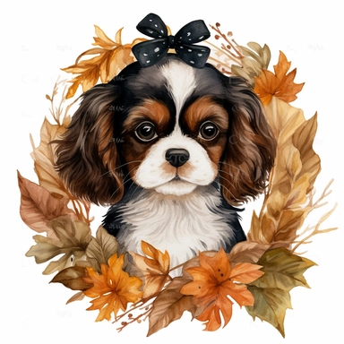 create a beautiful original high quality highly detailed watercolor clipart image of a small and adorable brown and black king charles cavalier puppy smiling with the puppys head sticking out of the middle of a beautiful autumn wreath made out of fall leaves and small pumpkins, include high detail to the puppys fur, include great detail to the wreath, white background, no text, no font, no words