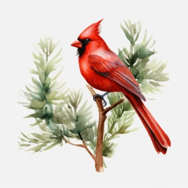 red cardinal bird, clipart, minimalism, watercolor, green leaves, on a trunk