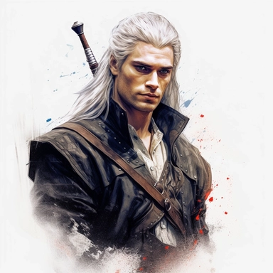 beautiful stunning handsome young man as The witcher character, paint art style, clipart, white background, superrealistic, one of a kind