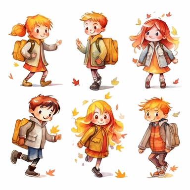 watercolor, Set of boys and girls going to elementary or middle school Happy pupils holding books surrounded by autumn leaves isolated on white. Collection of children with backpacks or bag png Full body realistic cartoon in 32K UHD cute. 15 cm thick outl