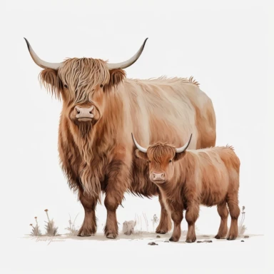 clipart style highland cow with her child intimately stand together