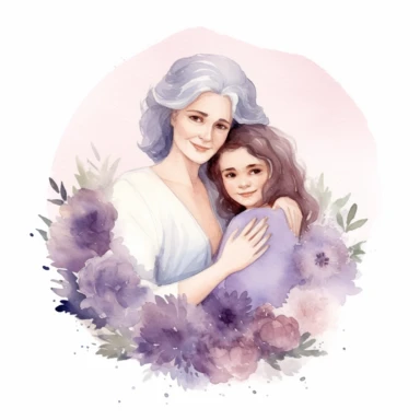 cute watercolor clipart with pale skinned older mom and adult daughter hugging echother in circle, beautiful, hight quality, pastel colors, white background, decorated with white lilas
