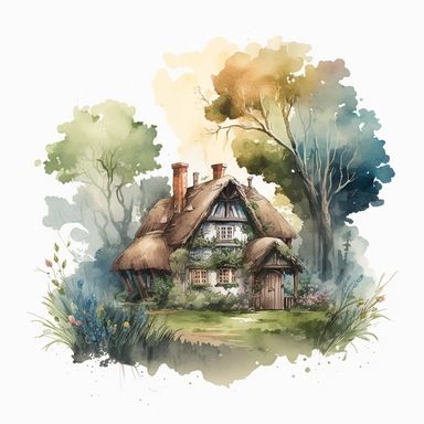 COZY semi-realistic scene of a cob cottage in the forest, wide angle view, transparent background, watercolour illustration style, dreamy, intricate, illustration, detailed , 8k, png, clipart style, deep colours
