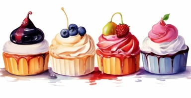 Mouth-watering cakes in a line, vivid colors, white background, drip art, oozing cream and sauce, ornamental watercolor clipart, I can't believe how beautiful this is