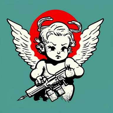 pop art baby sweat angel with machine gun K 112 drawing clipart animation realistic comic modern art