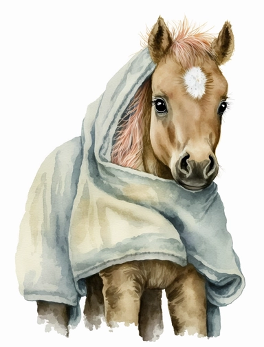 baby horse in a blanket, watercolor clipart, transparent background,